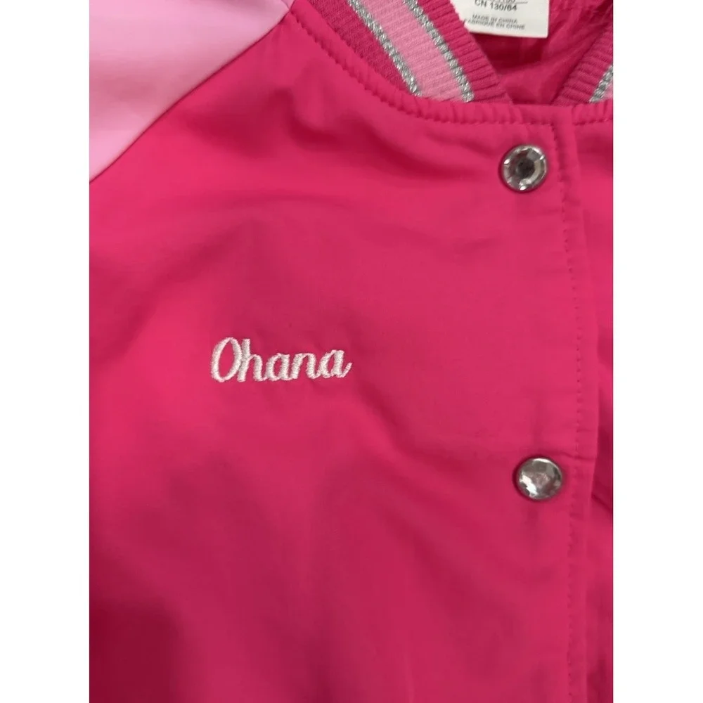 Disney Minnie Mouse Bomber Jacket Pink Girls 7/8 Ohana "Family" Embroidered - Picture 5 of 15